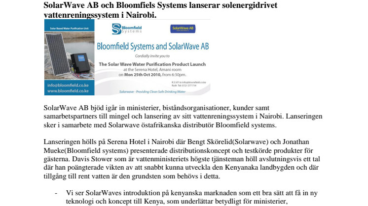 SolarWave AB och Bloomfiels Systems lanserar solenergidrivet vattenreningssystem i Nairobi.