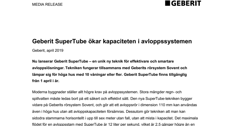 Geberit SuperTube ökar kapaciteten i avloppssystemen