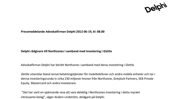 Delphi rådgivare till Northzones i samband med investering i iZettle