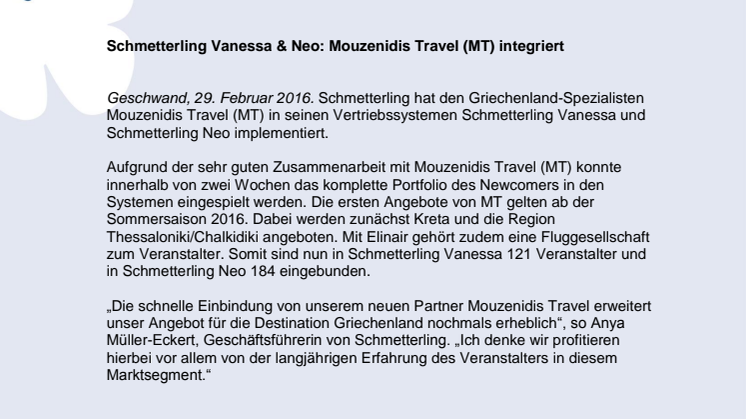 Schmetterling Vanessa & Neo: Mouzenidis Travel (MT) integriert
