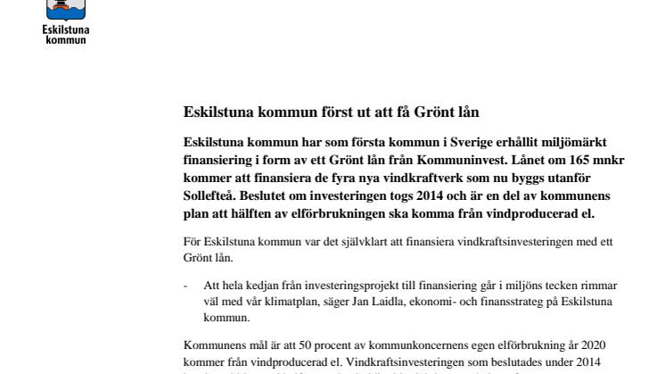 Eskilstuna kommun först ut att få Grönt lån