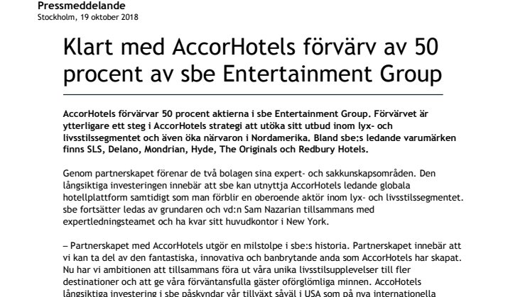 Klart med AccorHotels förvärv av 50 procent av sbe Entertainment Group