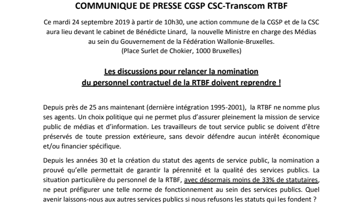 CGSP IRW RTBF : Action d'une délégation de représentants du personnel de la RTBF devant le Gouvernement de la FWB ce mardi 24 septembre !