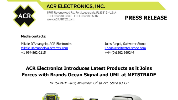ACR Electronics Introduces Latest Products as it Joins Forces with Brands Ocean Signal and UML at METSTRADE
