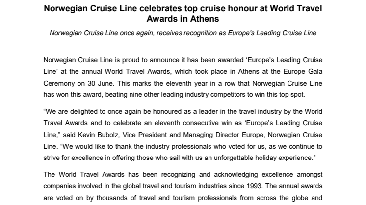 Norwegian Cruise Line celebrates top cruise honour at World Travel Awards in Athens