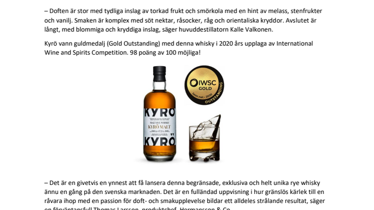 Exklusivt släpp: 180 flaskor Kyrö Malt Rye Whisky!