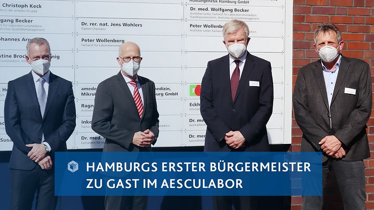 von links: Prof. C. Keck/Leiter Laborgruppe Nord amedes, Dr. P. Tschentscher/Erster Hamburger Bürgermeister, Wolf Frederic Kupatt/CEO amedes-Gruppe, Dr. Wolfgang Becker/Ärztlicher Leiter aescuLabor Hamburg