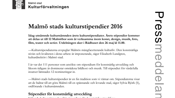 Malmö stads kulturstipendier 2016