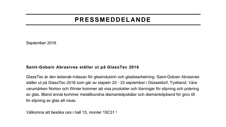 Saint-Gobain Abrasives ställer ut på GlassTec 2016