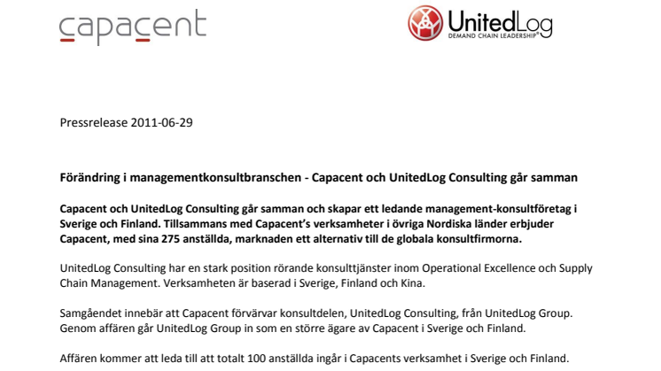 Förändring i managementkonsultbranschen - Capacent och UnitedLog Consulting går samman