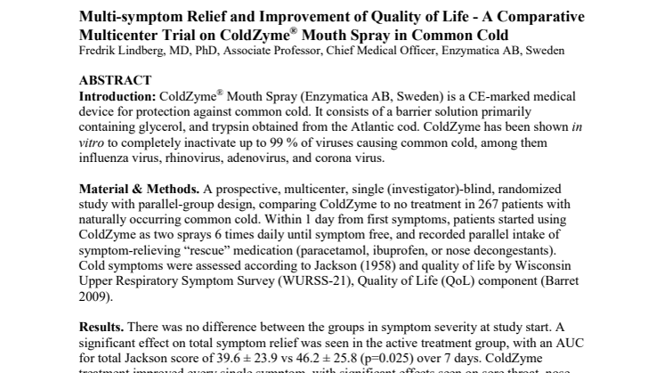 Multi-symptom Relief and Improvement of Quality of Life - A Comparative Multicenter Trial on ColdZyme® Mouth Spray in Common Cold