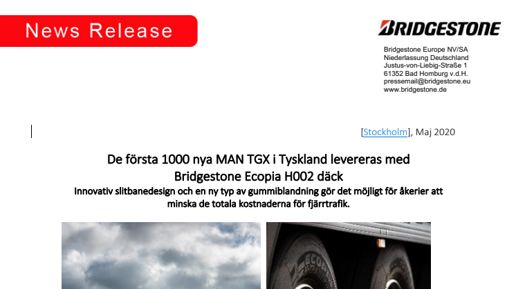 De första 1000 nya MAN TGX i Tyskland levereras med  Bridgestone Ecopia H002 däck