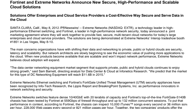 Fortinet and Extreme Networks Announce New Secure, High-Performance and Scalable Cloud Solutions
