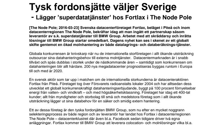 Tysk fordonsjätte väljer Sverige - Lägger ’superdatatjänster’ hos Fortlax i The Node Pole