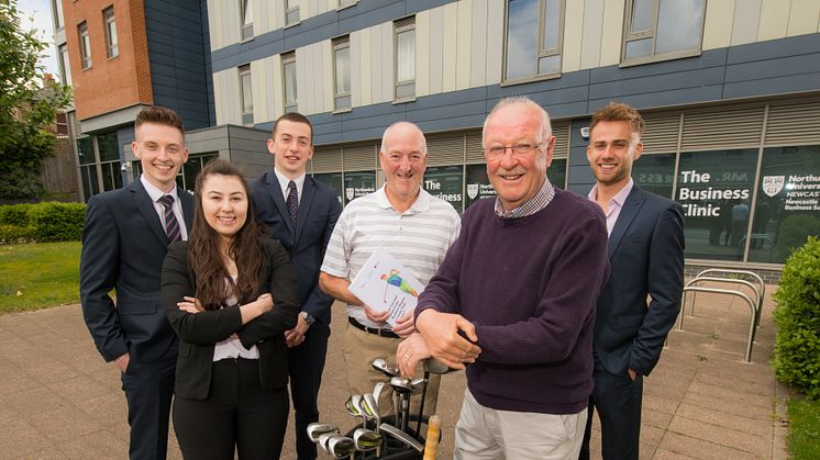 Business student’s James Smith, Abby Wiffen and James Sopp with Peter Jobe and John Hall from the GCMA Northern Region and fellow student Fraser Mair.  