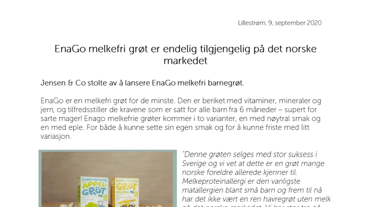 EnaGo melkefri grøt er endelig tilgjengelig på det norske markedet