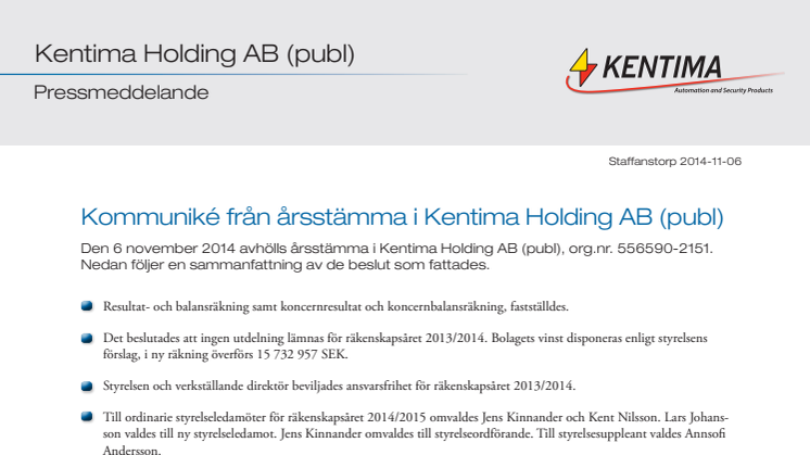 Kommuniké från årsstämma i Kentima Holding AB (publ)