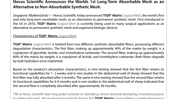 Novus Scientific Announces the Worlds 1st Long-Term Absorbable Mesh as an Alternative to Non-Absorbable Synthetic Mesh.