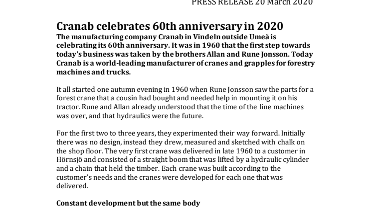 Cranab celebrates 60th anniversary in 2020