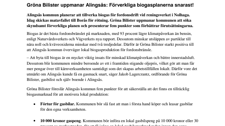 Gröna Bilister uppmanar Alingsås: Förverkliga biogasplanerna snarast!