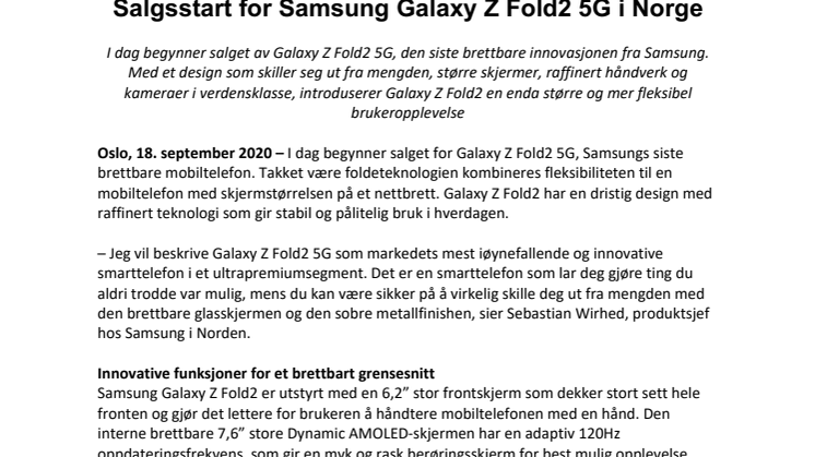 Salgsstart for Samsung Galaxy Z Fold2 5G i Norge