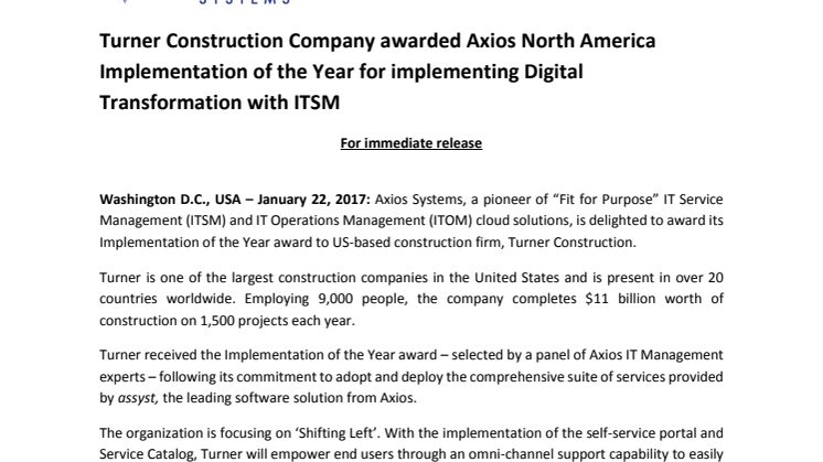 Turner Construction Company awarded Axios North America Implementation of the Year for implementing Digital Transformation with ITSM