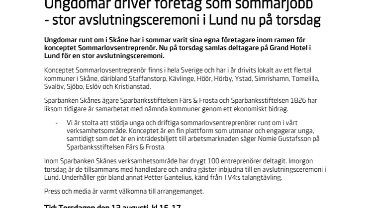 Pressinbjudan: Avslutningsceremoni för Sommarlovsentreprenörer i Skåne