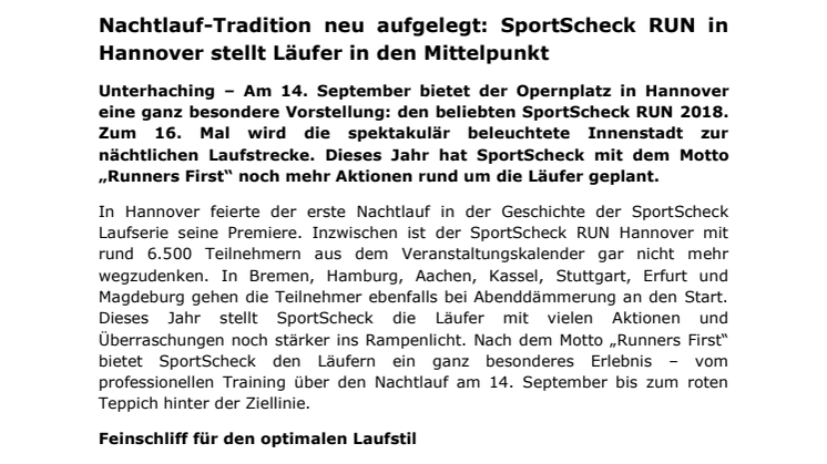 Nachtlauf-Tradition neu aufgelegt - SportScheck RUN in Hannover stellt Läufer in den Mittelpunkt