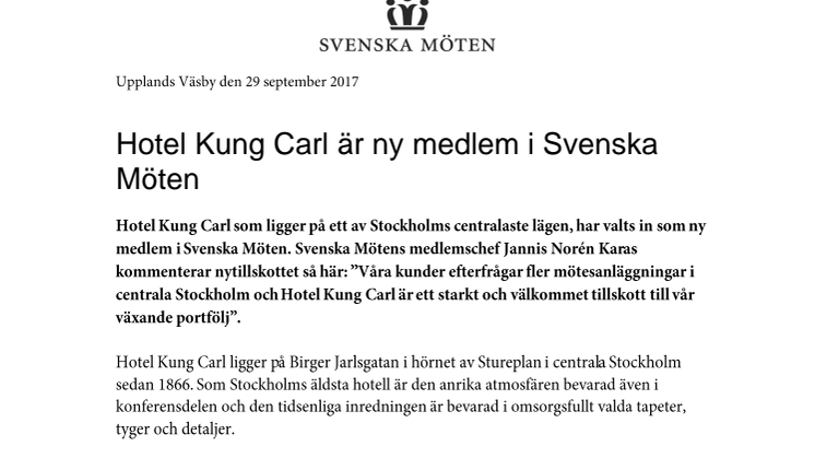 Hotel Kung Carl är ny medlem i Svenska Möten