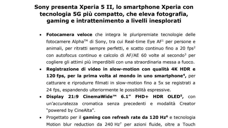 Sony presenta Xperia 5 II, lo smartphone Xperia con tecnologia 5G più compatto, che eleva fotografia, gaming e intrattenimento a livelli inesplorati