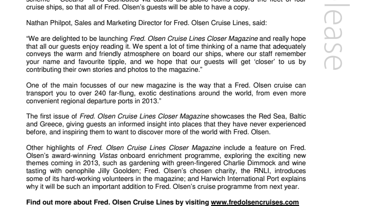 New Fred. Olsen Cruise Lines’ Closer Magazine   to inspire guests to explore the world