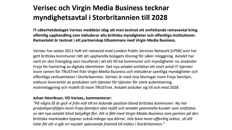 Verisec och Virgin Media Business tecknar myndighetsavtal i Storbritannien till 2028