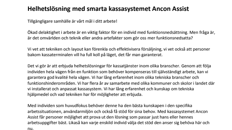 Ancon Assist kassasystem - den smarta tillgängliga kassan!
