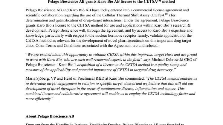 Pelago Bioscience AB grants Karo Bio AB license to the CETSA™ method