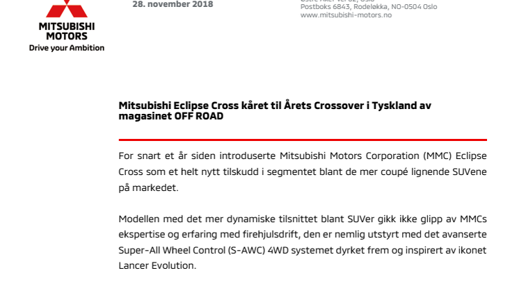 Mitsubishi Eclipse Cross kåret til Årets Crossover i Tyskland av magasinet OFF ROAD