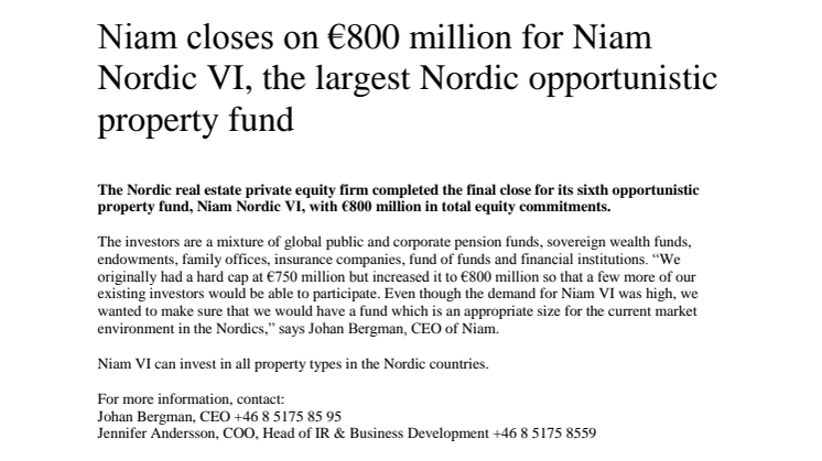 Niam closes on €800 million for Niam Nordic VI, the largest Nordic opportunistic property fund