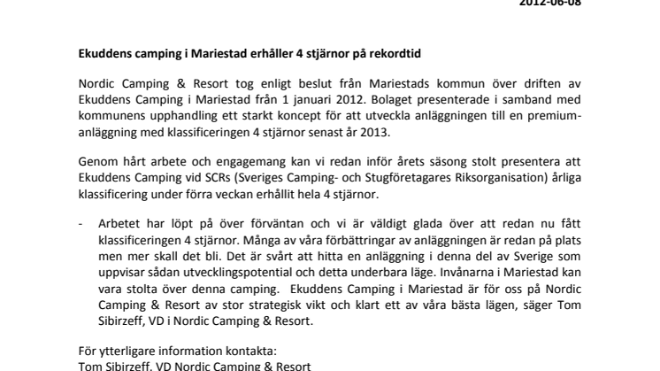 Ekuddens Camping i Mariestad erhåller 4 stjärnor på rekordtid