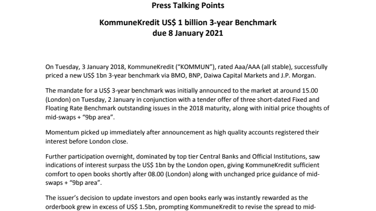 KommuneKredit starts 2018 with a new 3-year USD benchmark and a Tender and Switch Offer in 3 series