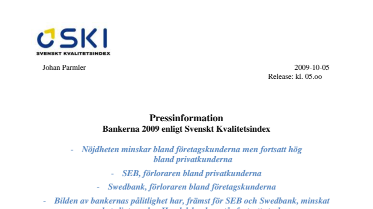 Bankerna 2009 enligt Svenskt Kvalitetsindex