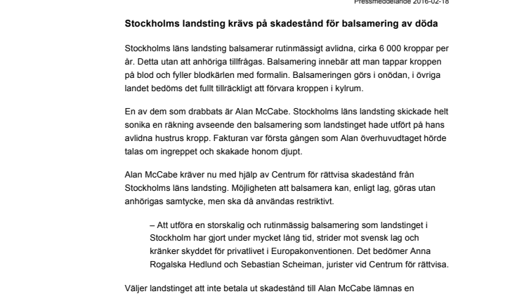 Stockholms landsting krävs på skadestånd för balsamering av döda