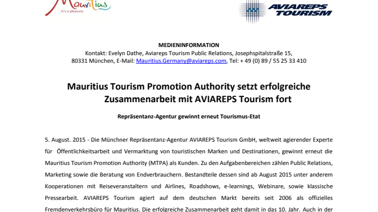 Mauritius Tourism Promotion Authority setzt erfolgreiche Zusammenarbeit mit AVIAREPS Tourism fort