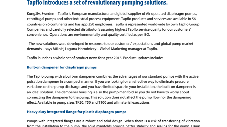 Tapflo introduces a set of revolutionary pumping solutions.