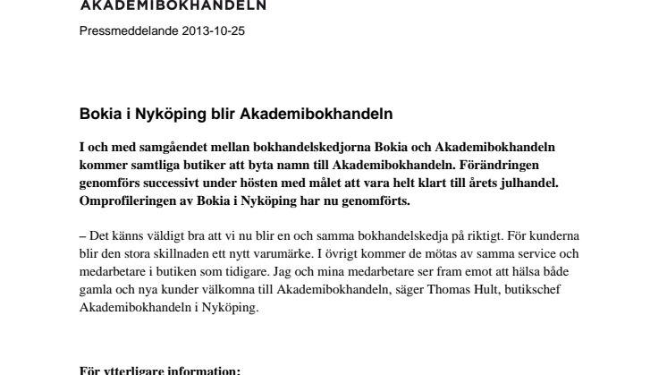 Bokia i Nyköping blir Akademibokhandeln 