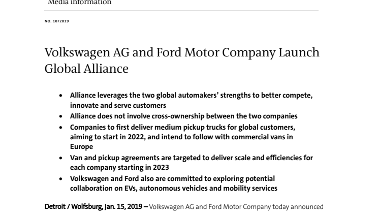 Volkswagen AG and Ford Motor Company Launch Global Alliance