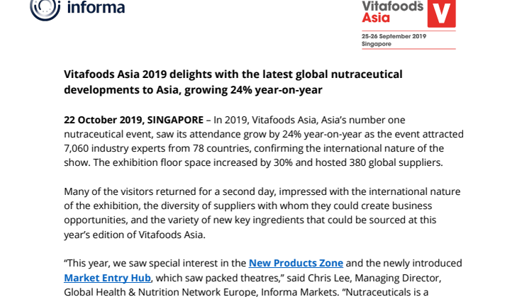 Vitafoods Asia 2019 delights with the latest global nutraceutical developments to Asia, growing 24% year-on-year