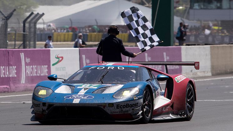 The 67 Ford GT crosses the line in second place at Le Mans