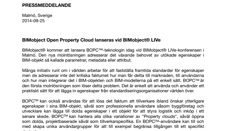BIMobject Open Property Cloud lanseras vid BIMobject® LIVe