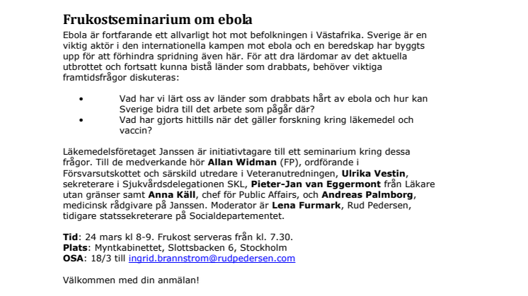Inbjudan till Frukostseminarium Ebola 24 mars