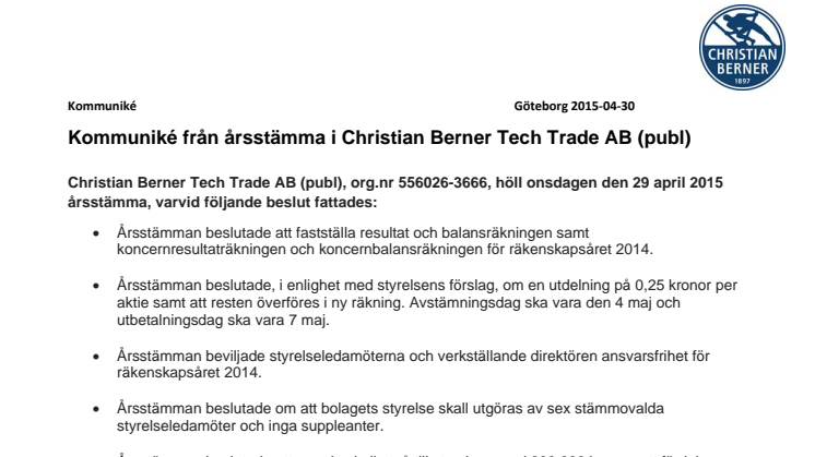 Kommuniké från årsstämma i Christian Berner Tech Trade AB (publ)