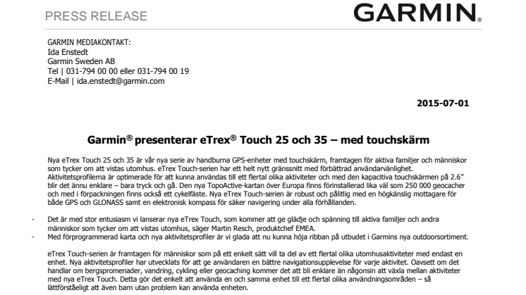 Garmin® presenterar eTrex® Touch 25 och 35 – med pekskärm